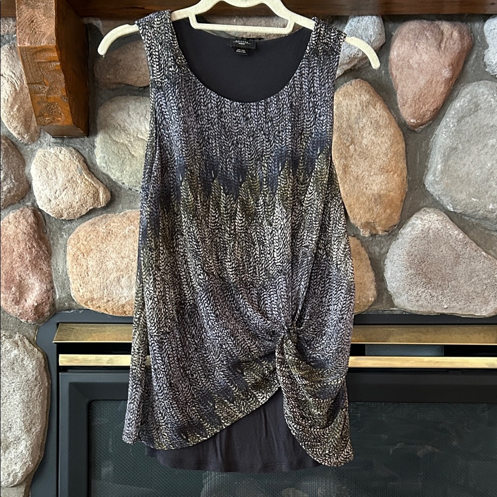 Anthro | Deletta Black Feather Leaf Print Twisted Knot Front Top, Size M